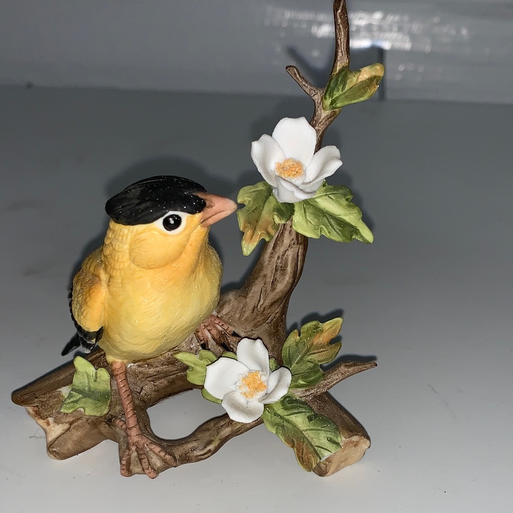 Yellow and Black porcelain gold finch Bird Figurine on Branch